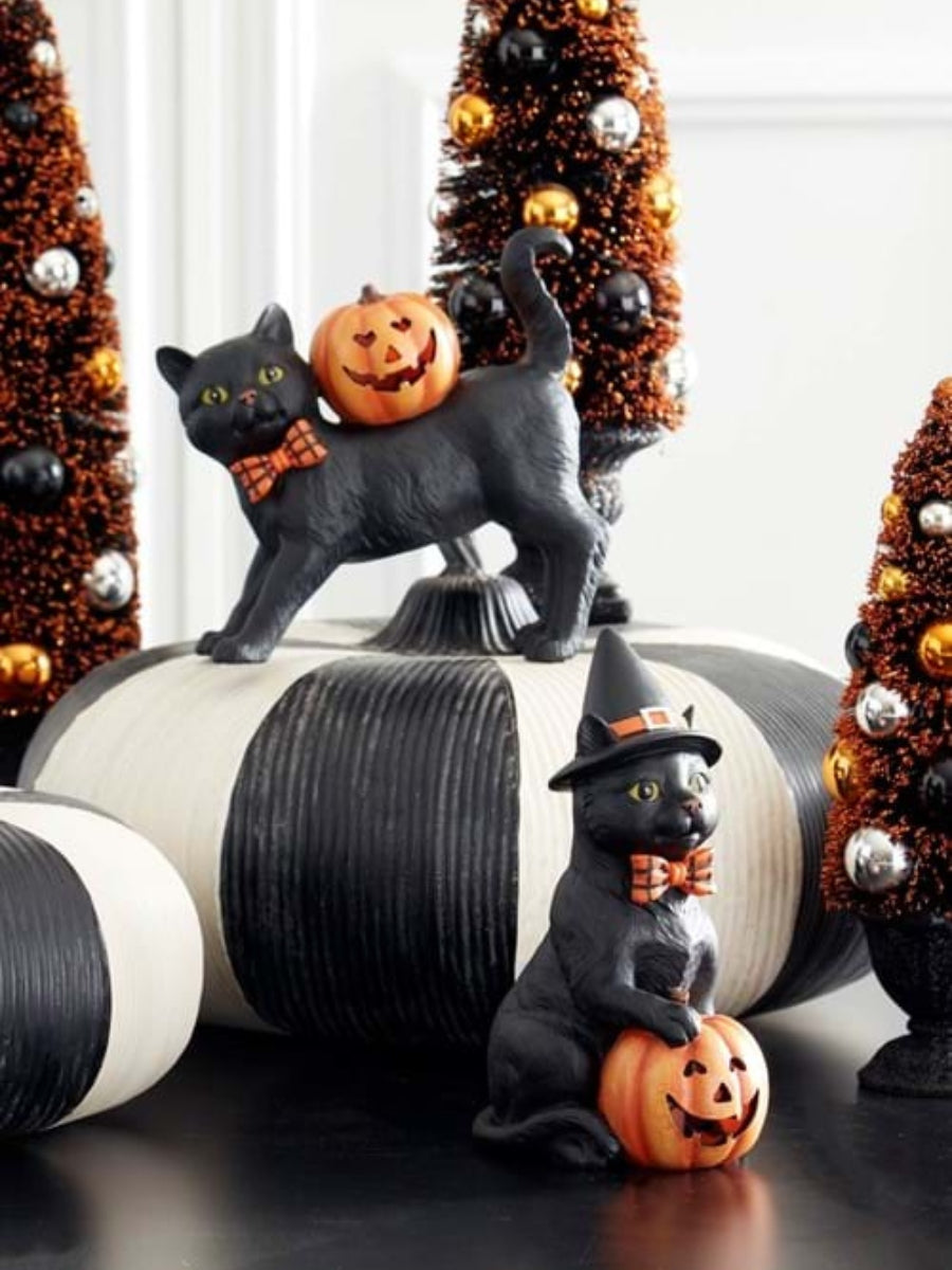 Black Resin Cat with Witch Hat & LED Jack O'Lantern
